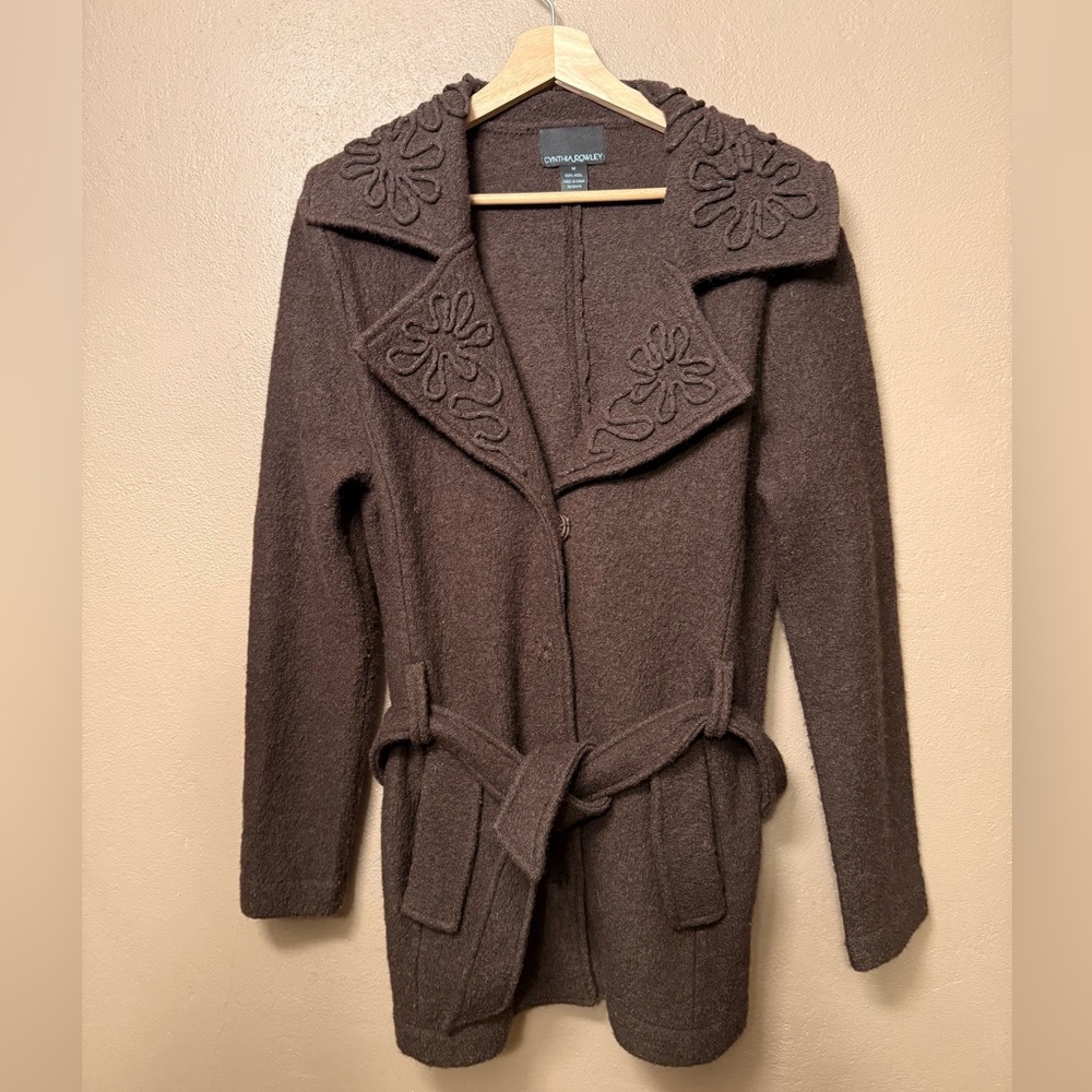 Cynthia Rowley 100% Wool Belted Cardigan Jacket Floral Embroidered Collar Medium
